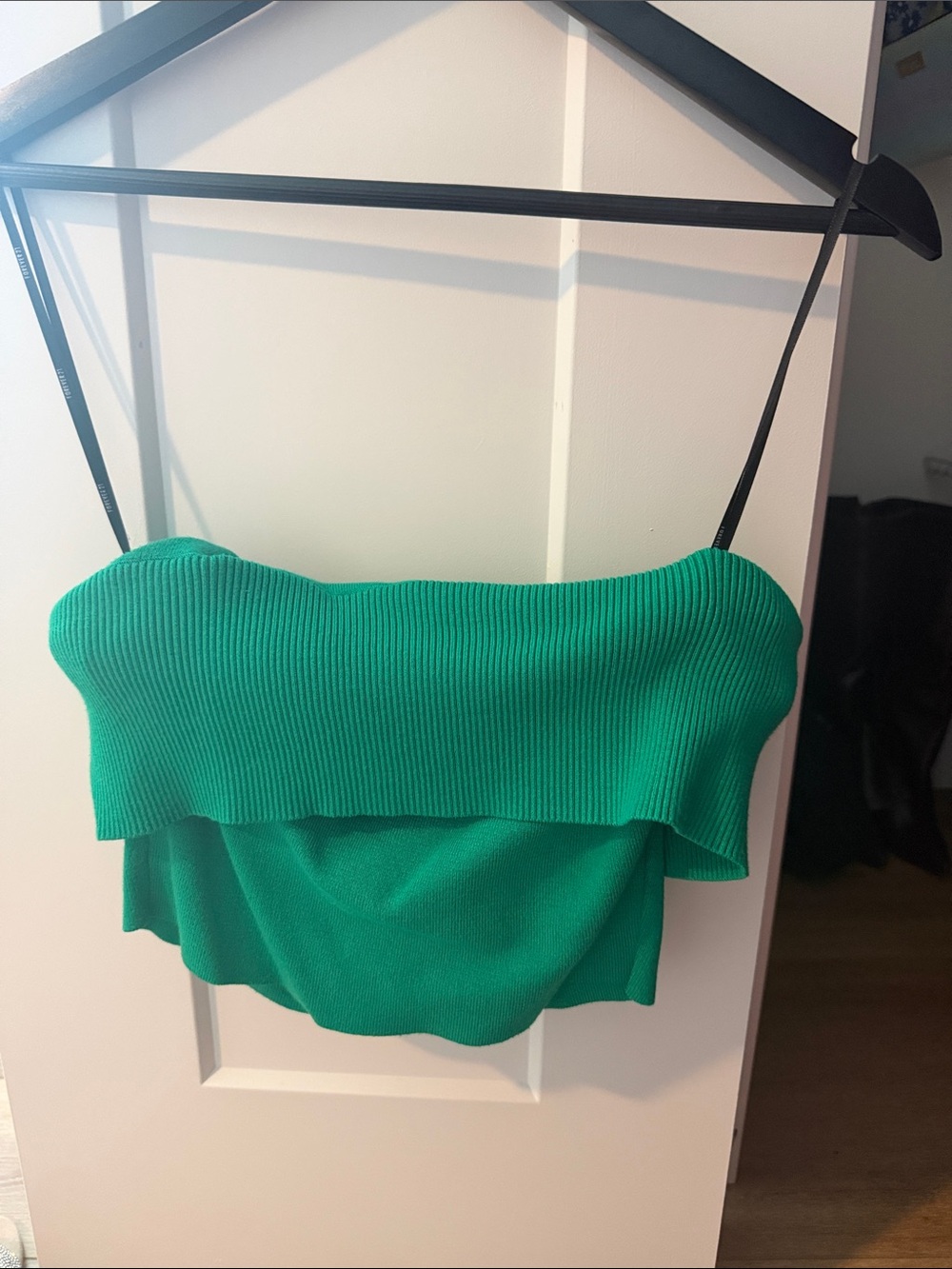 Forever 21 Green Ribbed Strapless Ruffle Crop Top